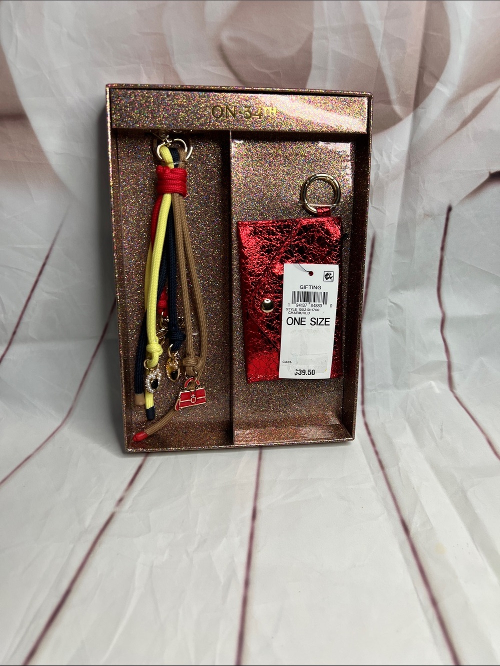 On.34th Metallic Red Card Holder Keychain Set with Tassel Charm